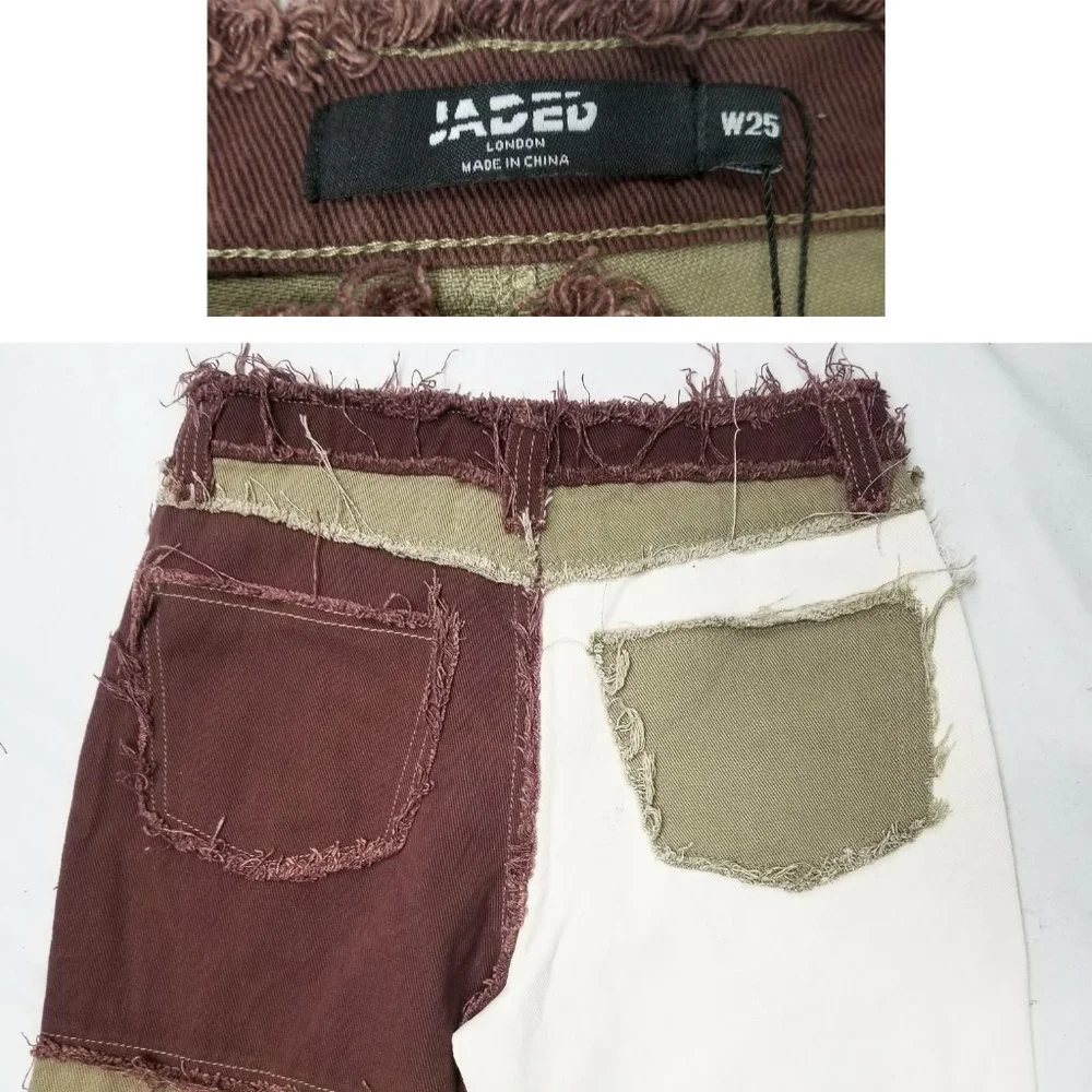 Jaded London Womens High Waisted Brown Patchwork Denim Jeans Pants NWT